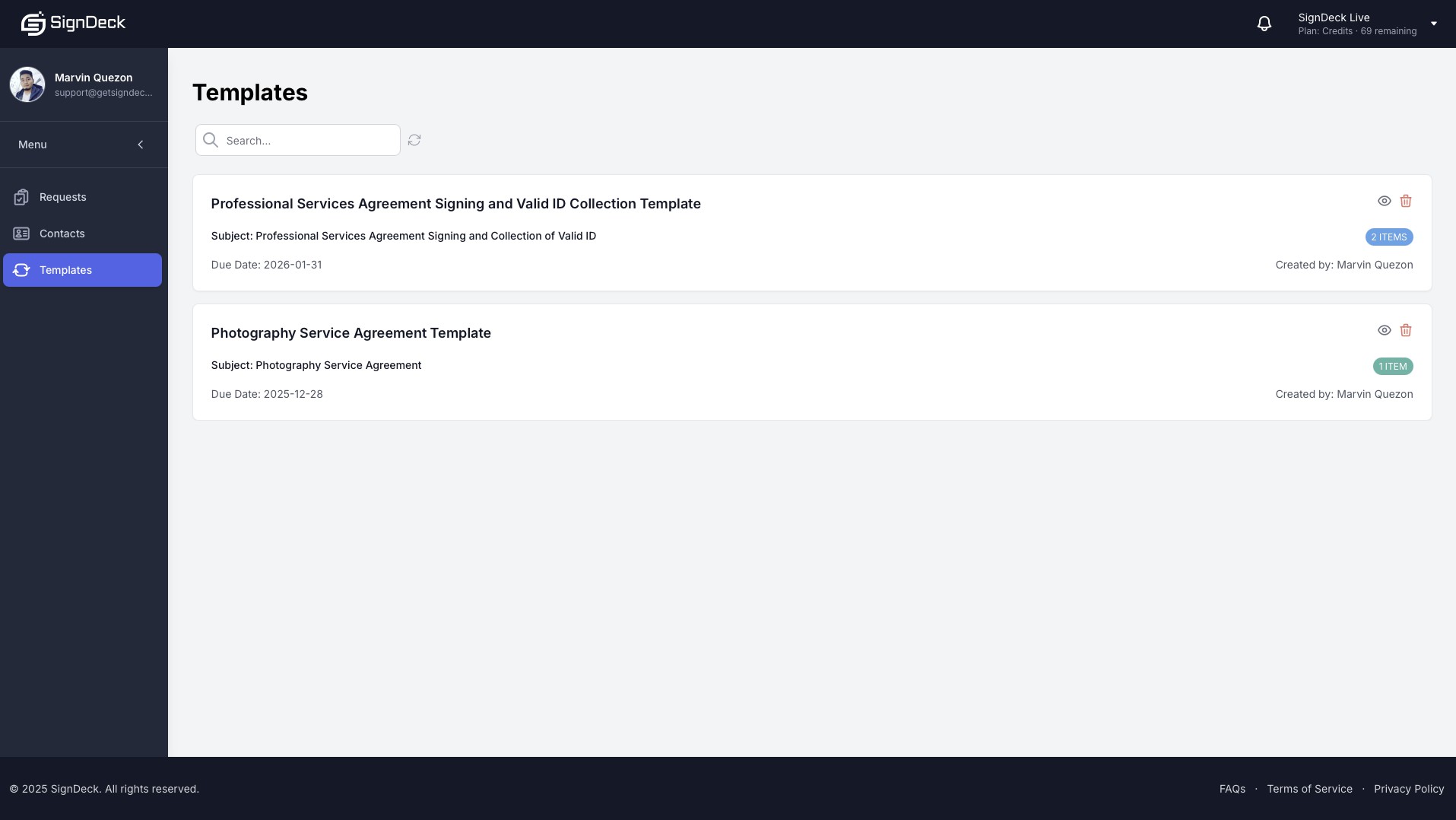 Templates Page